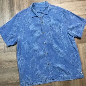Vintage Tommy Bahama Silk Shirt Mens Large Blue Button Up Textured Palm Print
